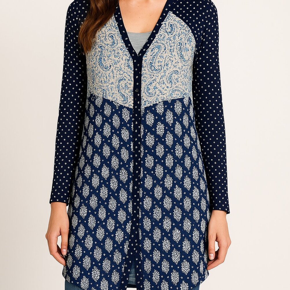 Hem & Thread Navy and White Patterned Button Up Tunic Shirt Boho Size Med